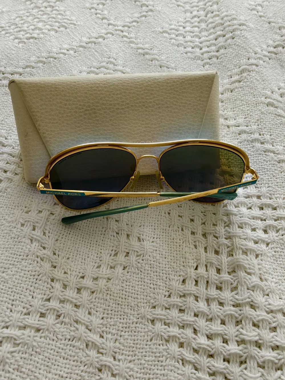 Michael Kors Gold Aviator Sunglasses with Blue Mirrored Lenses - Picture 3 of 4
